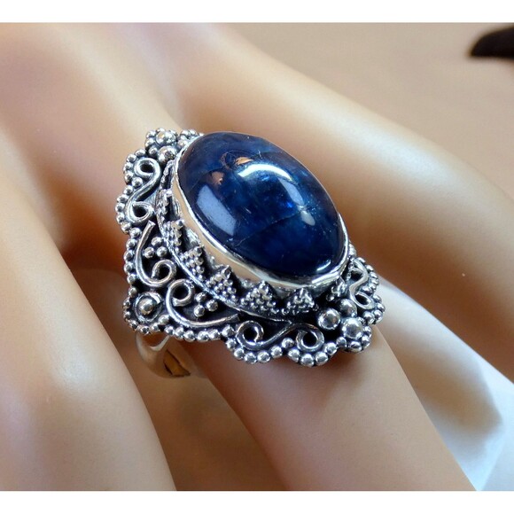 Deep Blue Natural Apatite Bali Style Sterling Silver Ring Size 8 - Picture 1 of 11
